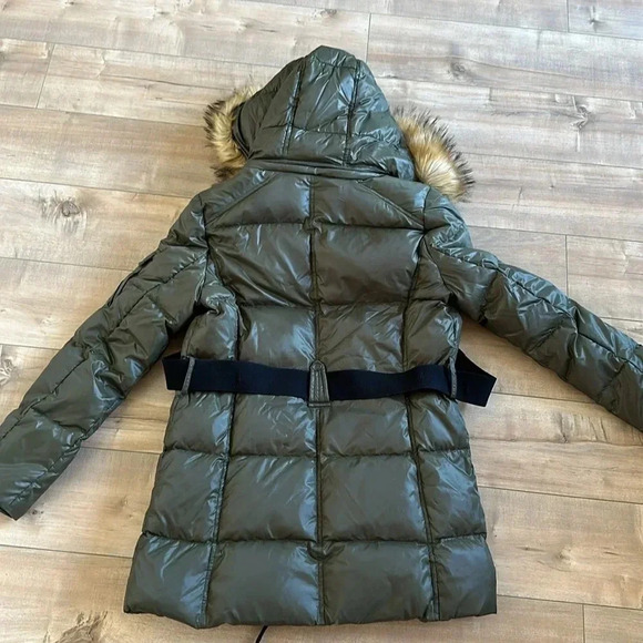 S13 Chalet Belted Faux Fur Trim Down-Fill Hooded Puffer Jacket Dark Green Sz M - Picture 14 of 14